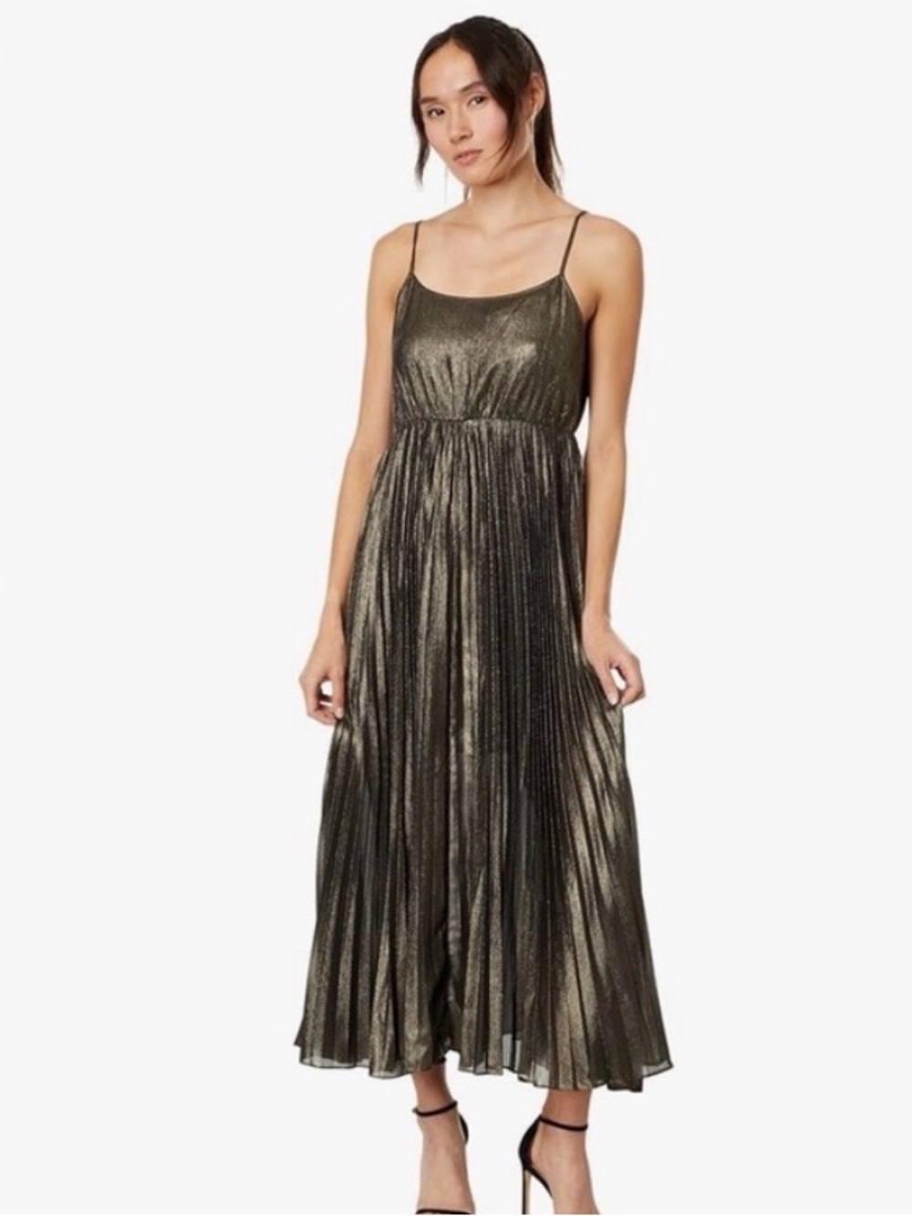 NWOT Lucky Brand Metallic Olive Green Pleated Maxi Slip Dress